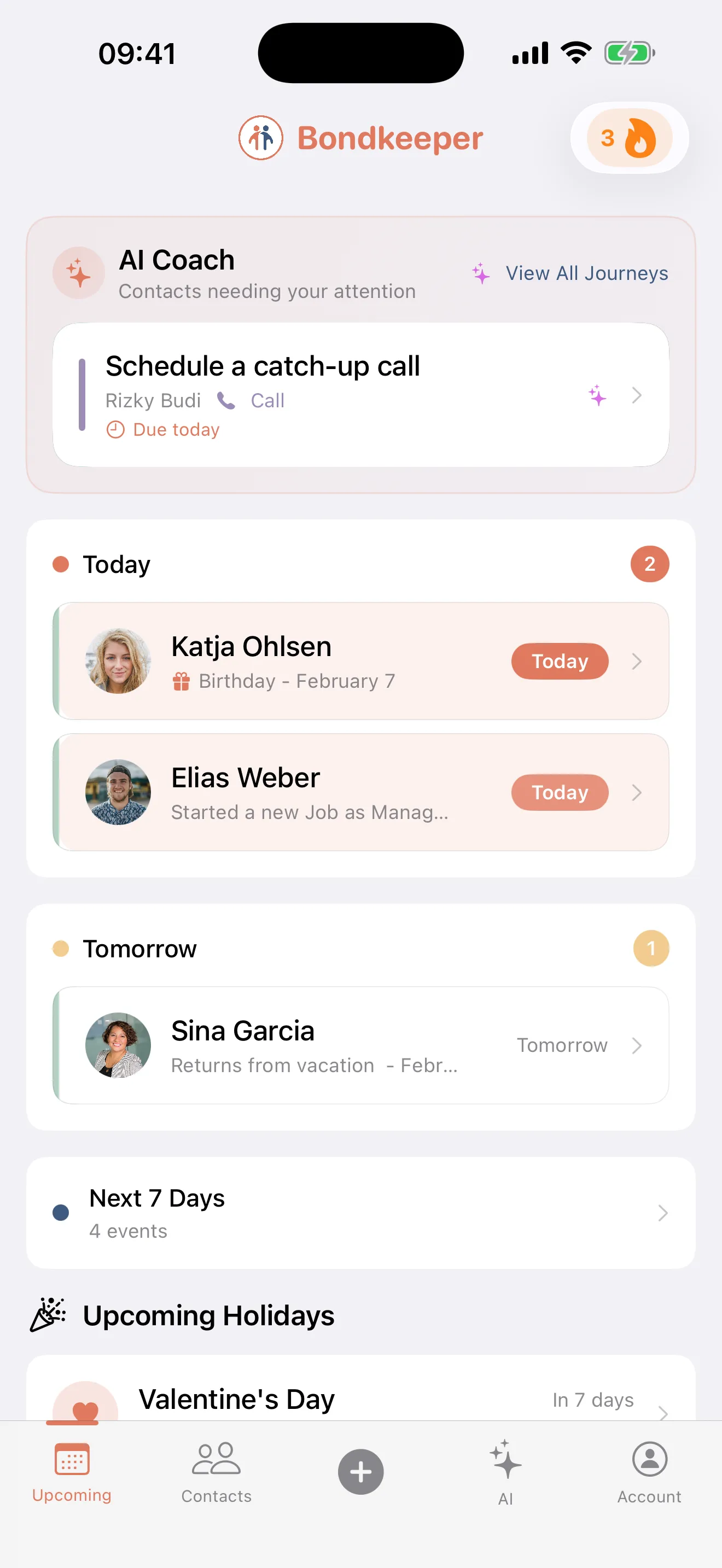 Bondkeeper app screenshot showing the events overview with upcoming birthdays, anniversaries, and important dates for your contacts
