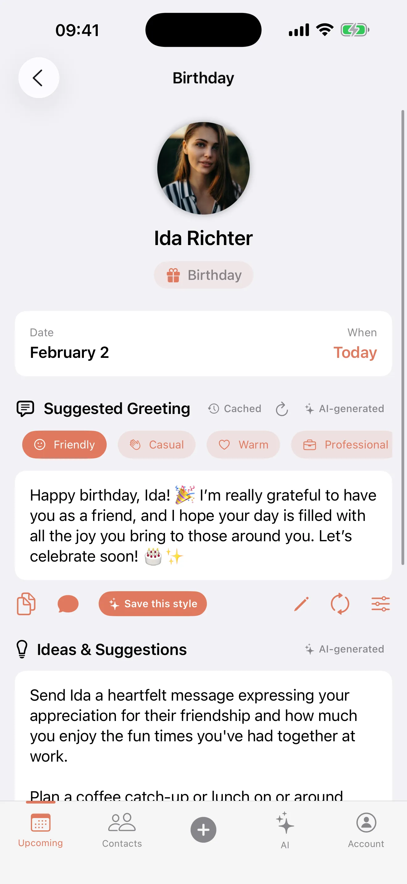 Bondkeeper app screenshot showing the AI message generator creating a personalized birthday greeting with multiple tone options like warm, professional, and casual